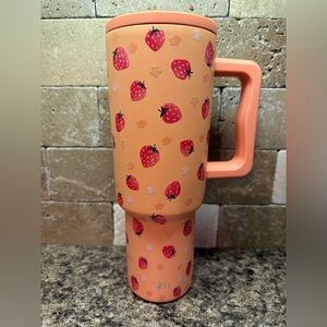 Strawberry Print Travel Tumbler - Peach Pink